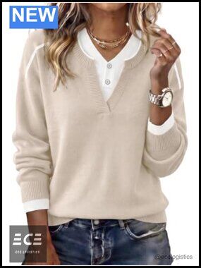 Womens Henley Neck Pullover Sweater Faux Layered Knit Top